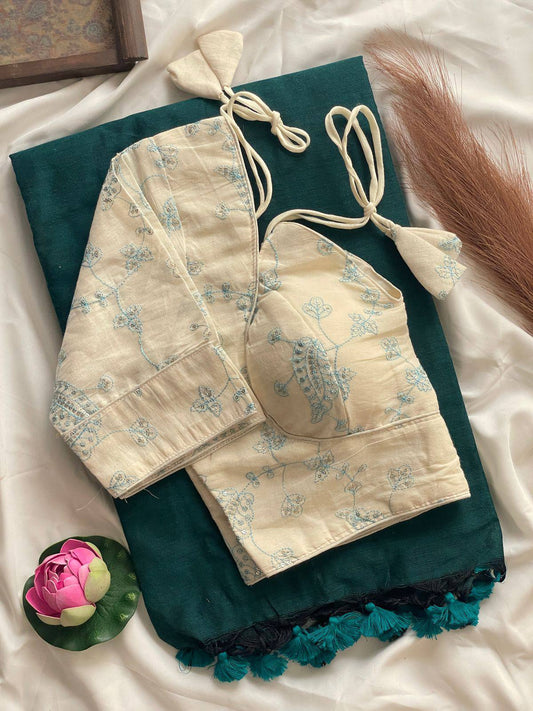 Khadi Cotton Saree With Embroidery Work Blouse