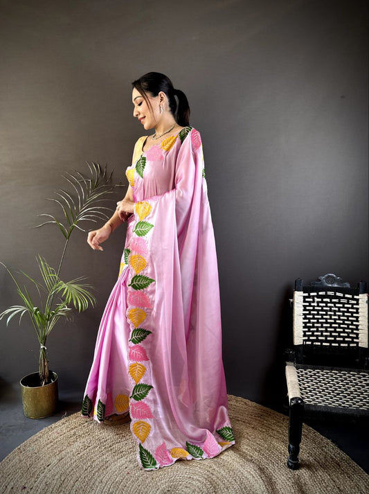 Multicolor Leaf Embroidery Saree in Rangoli Silk