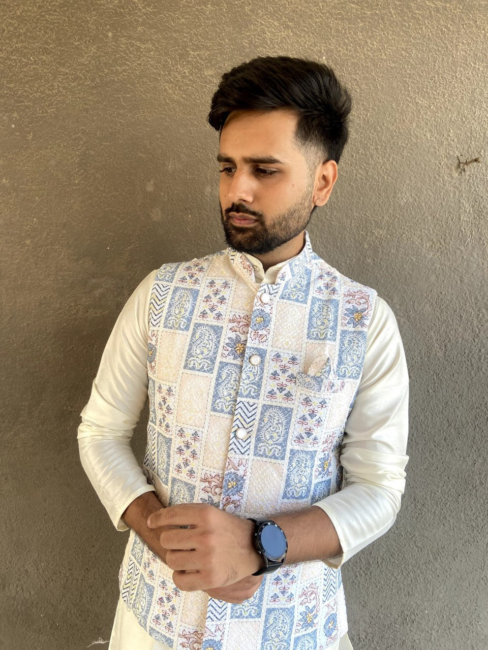 MENS'S KURTA PAJAM WITH JACKET SEQUNCE WORK AND PRINT