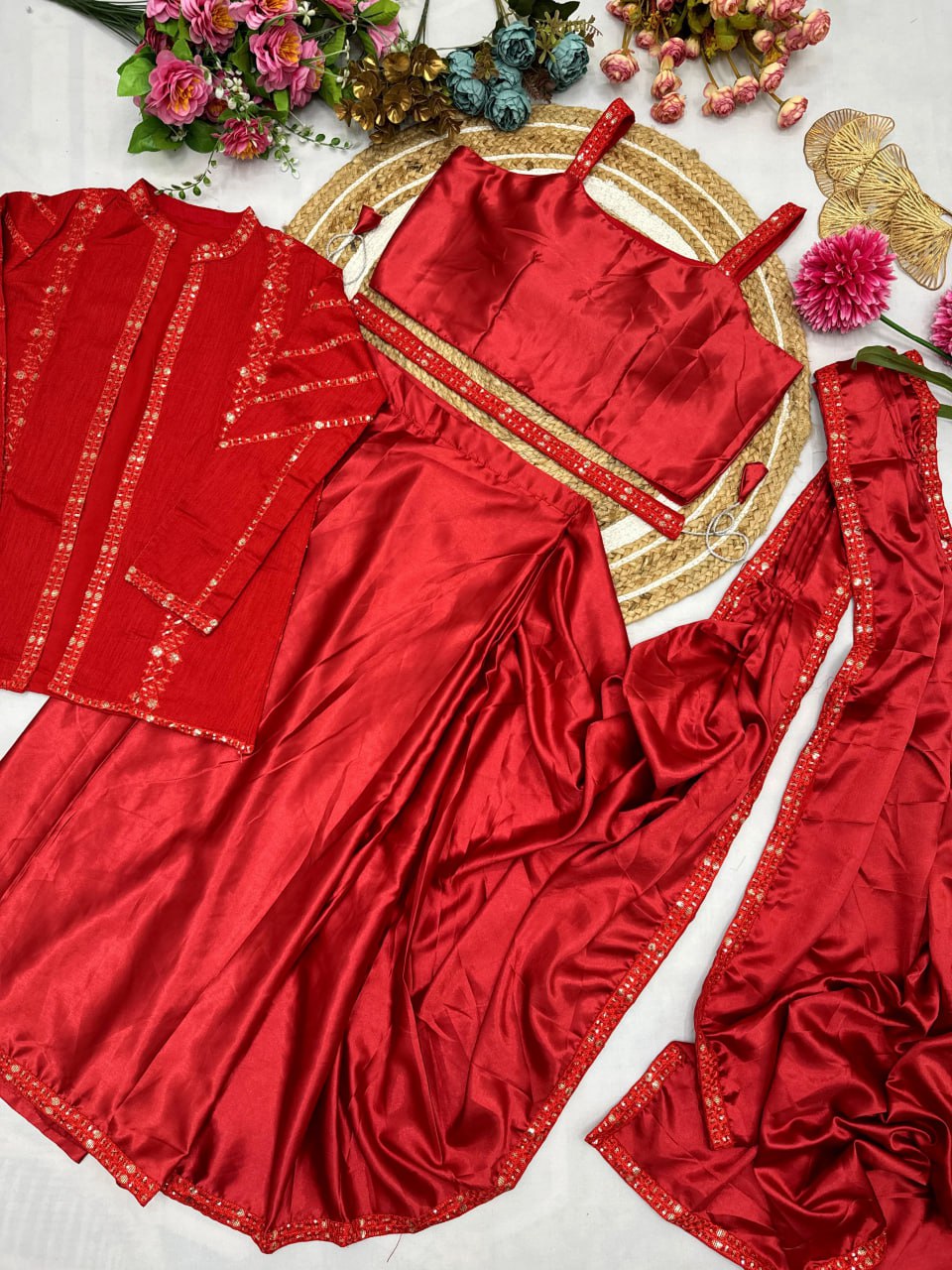 Diamond Satin Silk Multi-Thread Embroidery with Sequence Ready To Wear Saree With Jacket