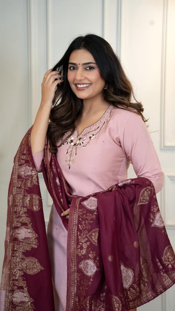 Roman Silk Hand Work Suit With Jacquard Dupatta