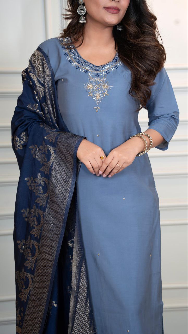 Premium Roman Silk Designer Kurti Pant Dupatta Set