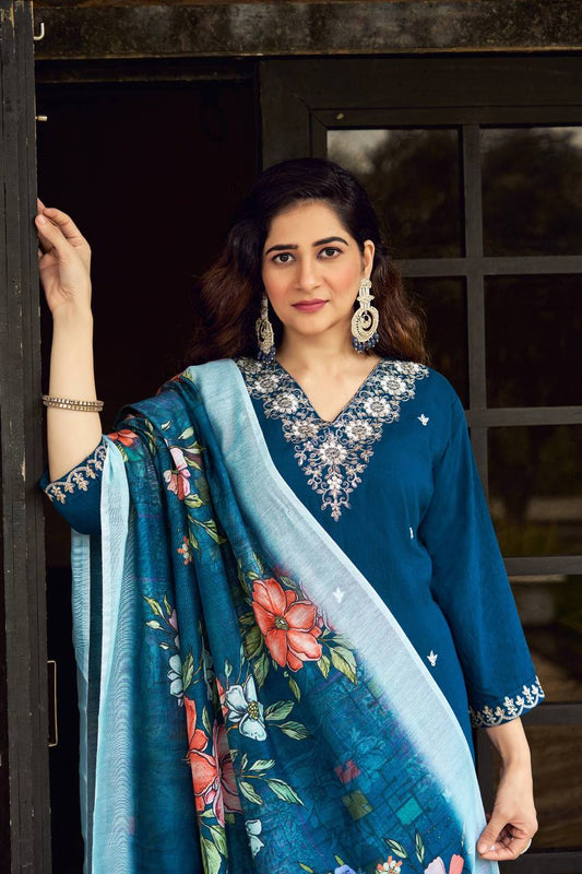 Heavy Embroidered Work Suit With Digital Print Dupatta