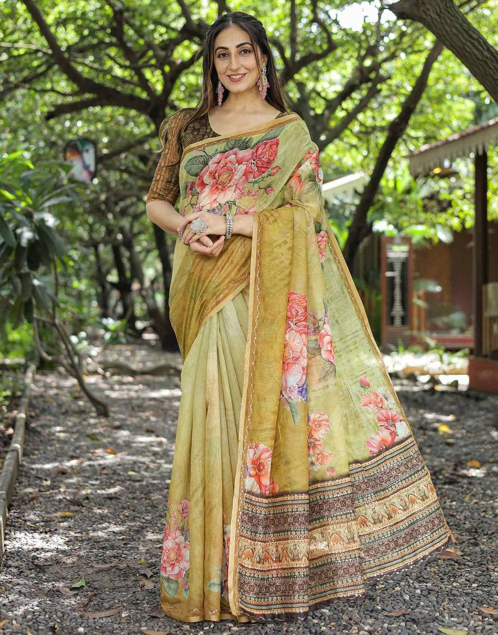 Linen Printed Saree with Sequin & Zari Border