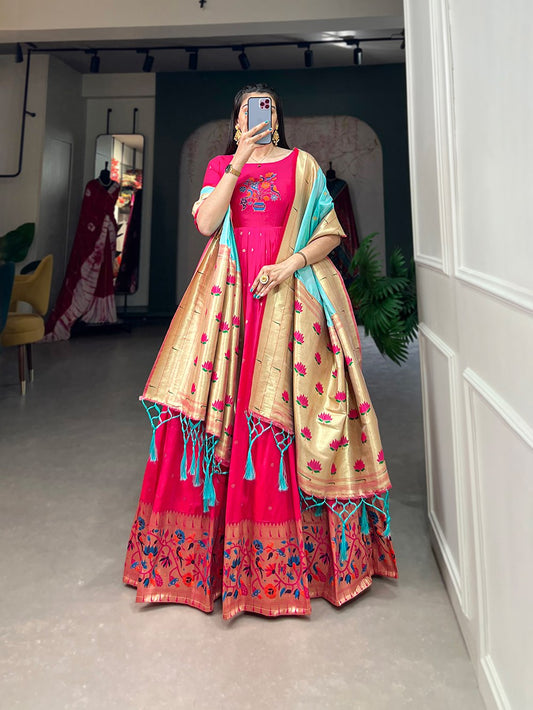 Jacquard Silk Paithani Gown with Zari Weaving Dupatta