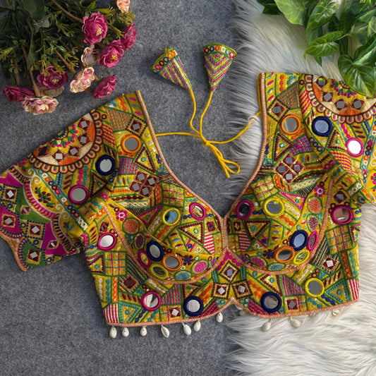Navratri Special Real Multi Mirror Work Apple Cut Stylish Blouse