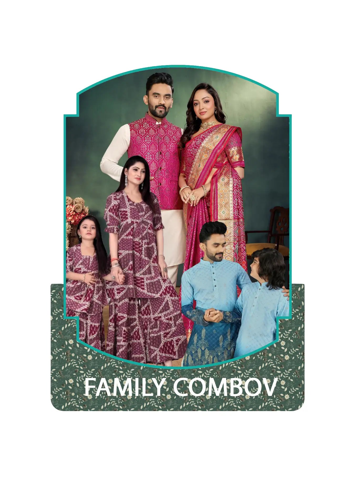 Family combo outfits for father, mother, son and daughter in coordinated ethnic styles.