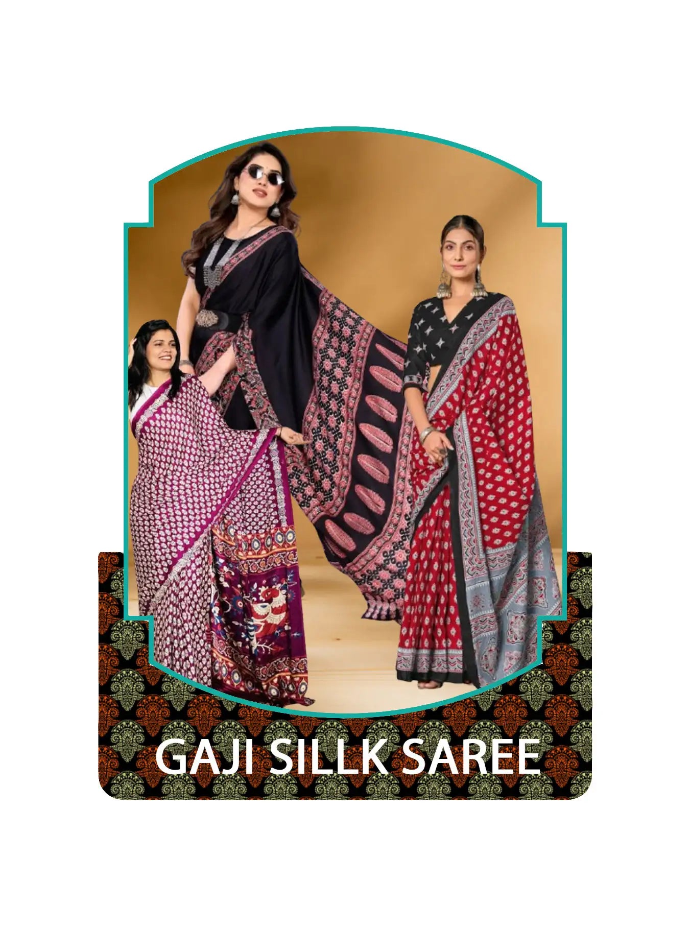 Women’s Gaji silk saree collection featuring rich traditional designs and elegant drapes.