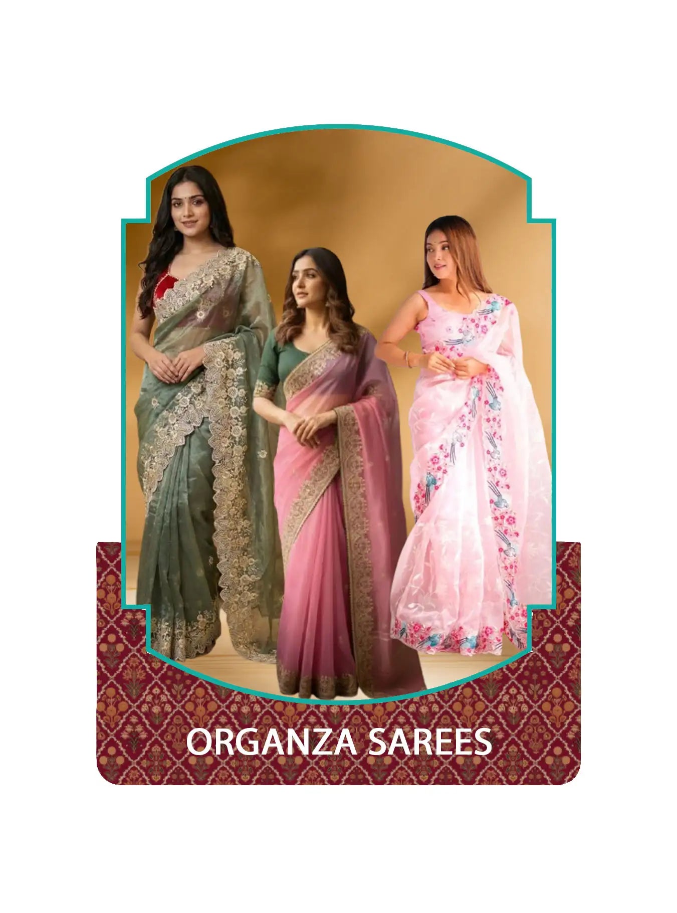 “Organza sarees collection featuring lightweight sheer fabric and elegant designer patterns