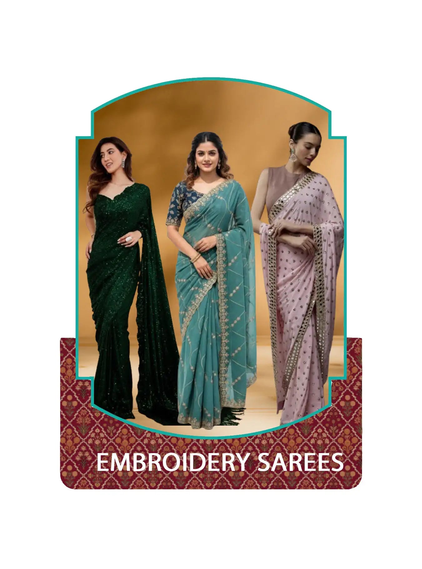 Embroidery sarees collection featuring intricate thread work and elegant festive designs.
