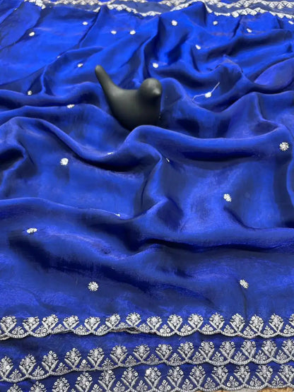 JET01 soft fancy space silk saree featuring all-over embroidery with sequence work, butti design and lace border, elegant party wear saree