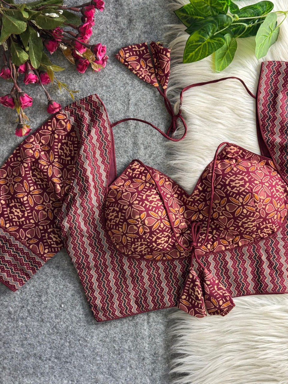 Halter Neck Ajrakh Print Cotton Blouse