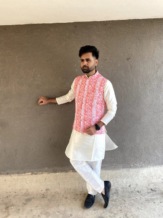 MENS'S KURTA PAJAM WITH JACKET SEQUNCE WORK AND PRINT