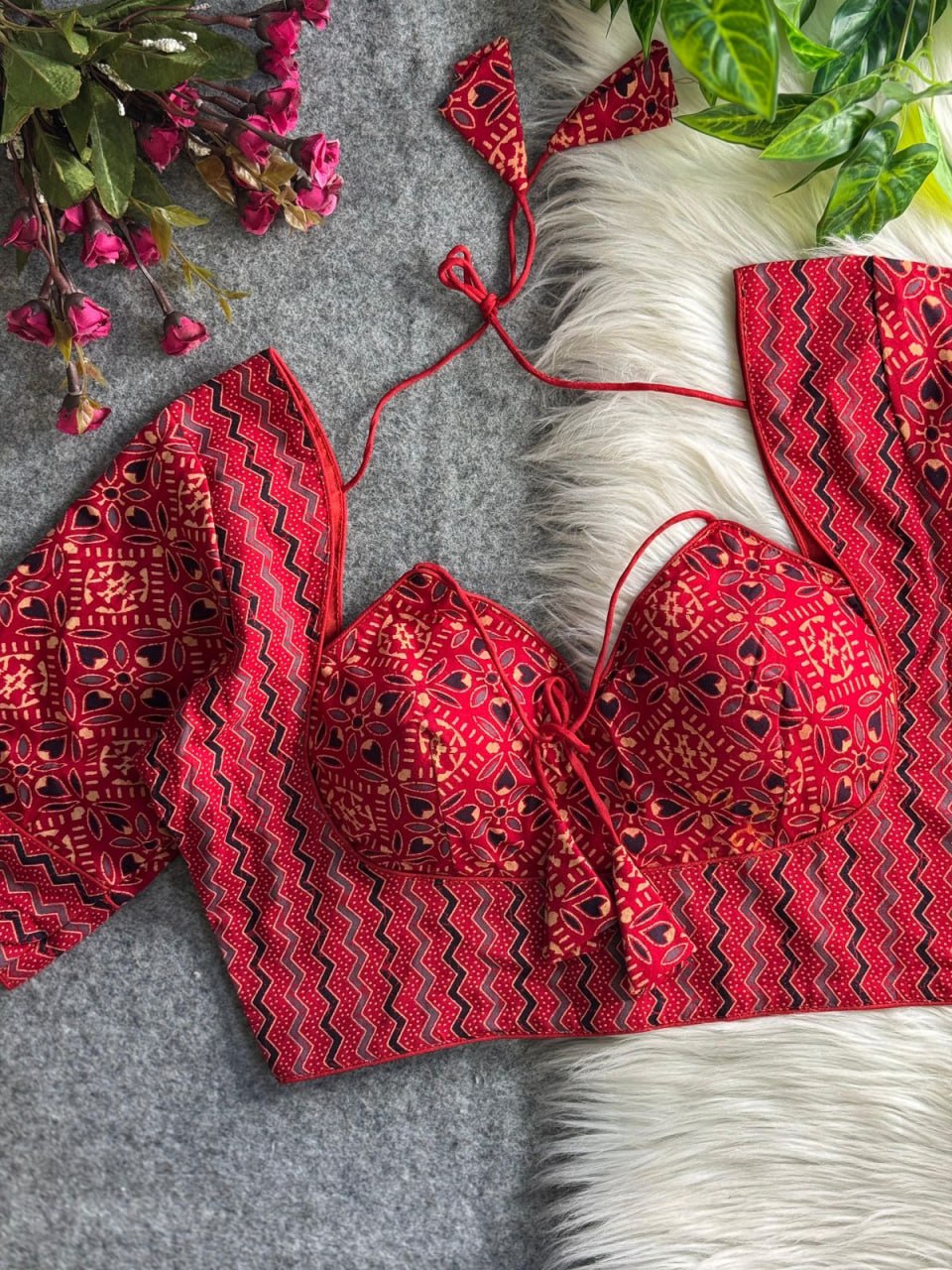 Halter Neck Ajrakh Print Cotton Blouse