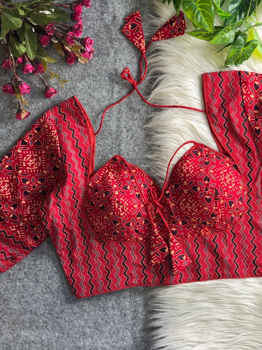 Halter Neck Ajrakh Print Cotton Blouse