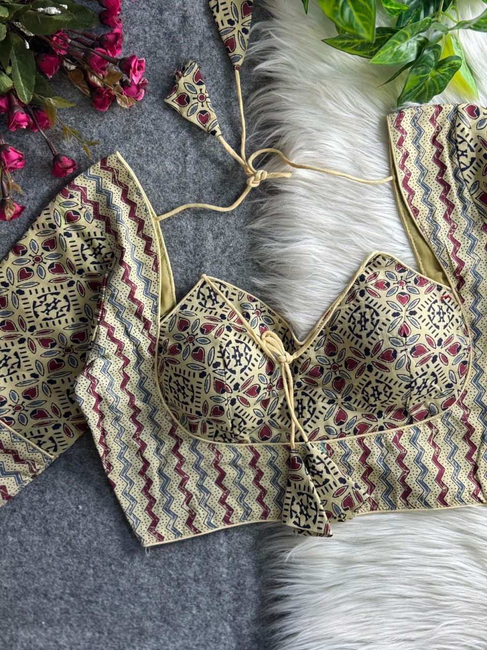 Halter Neck Ajrakh Print Cotton Blouse