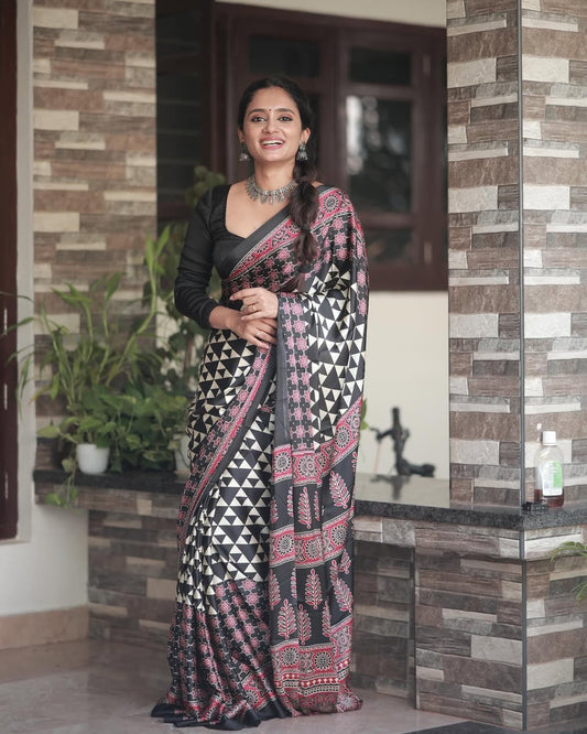 White Digital Print Semi Gajji Silk Soft and Smooth Saree