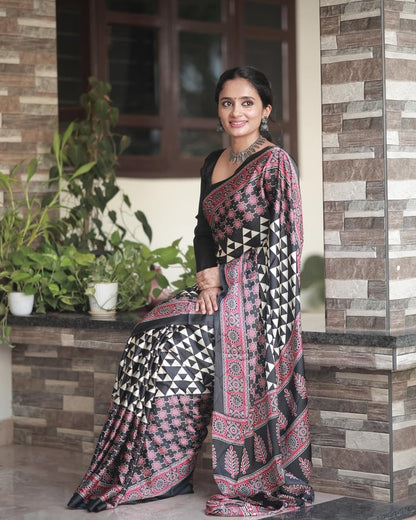 White Digital Print Semi Gajji Silk Soft and Smooth Saree