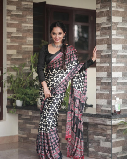 White Digital Print Semi Gajji Silk Soft and Smooth Saree