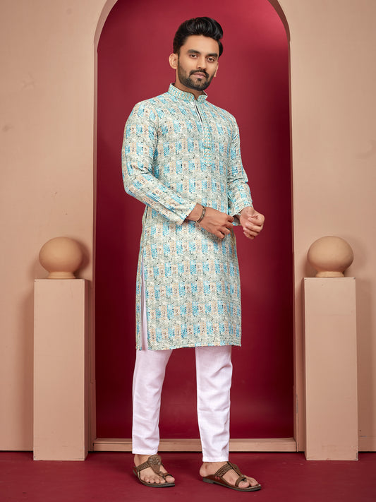 LUCKNOWI WORK WITH UNIQUE DIGITAL PRINT KURTA PAJAMA