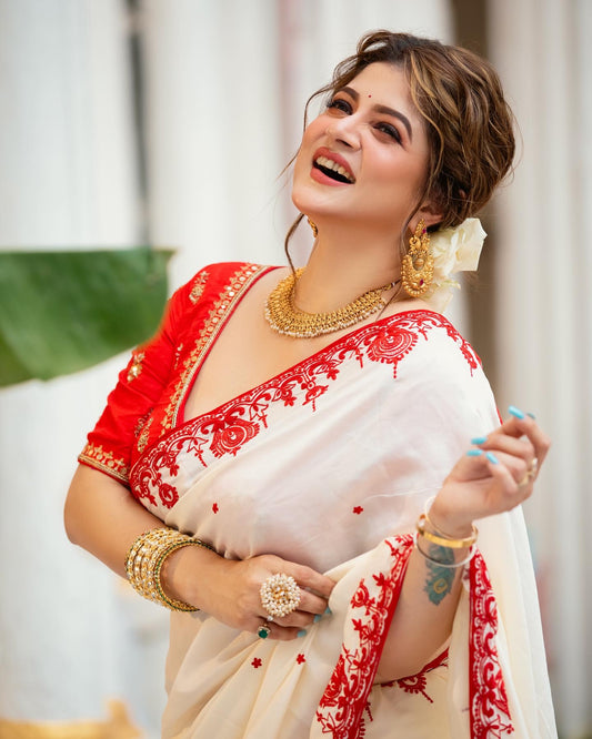 Red &amp; White Soft Catonic Rangoli Silk
