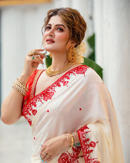 Red &amp; White Soft Catonic Rangoli Silk