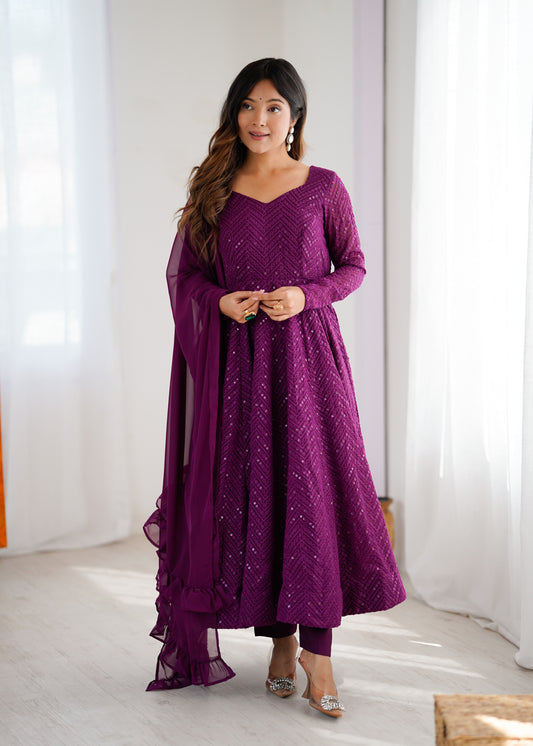 PURE SOFT FOX GEORGETTE LUKHNOWI SEQUENCE WORK ANARLALI SUITS