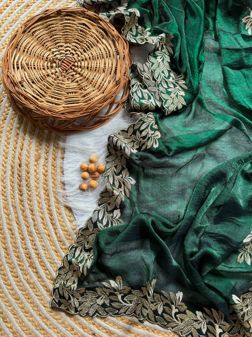 Pure Crunchy Moss Sattin Saree