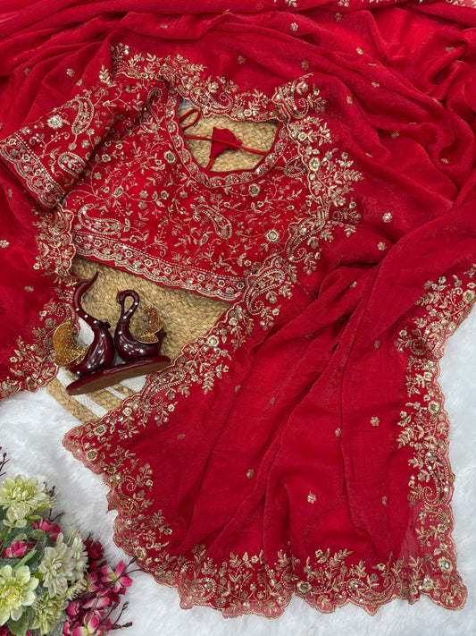 Trendy Chiffon Beautiful Sequins and Zari Embroidery Saree