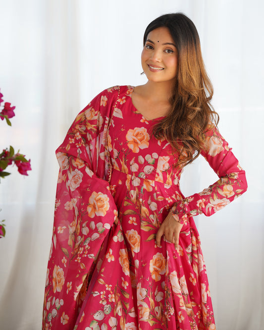 Organza Silk Print Anarkali Dupatta Set