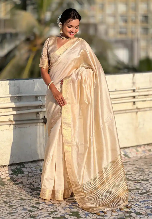 Cream Tussar Silk Saree with Zari Woven Border | Plain Elegant Look | Running Blouse