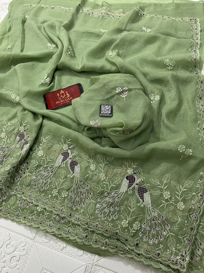 Peacock Inspired Heavy Soft Crunchy Silk Saree with Embroidered C-Pallu & Cut Work Border | VT-806