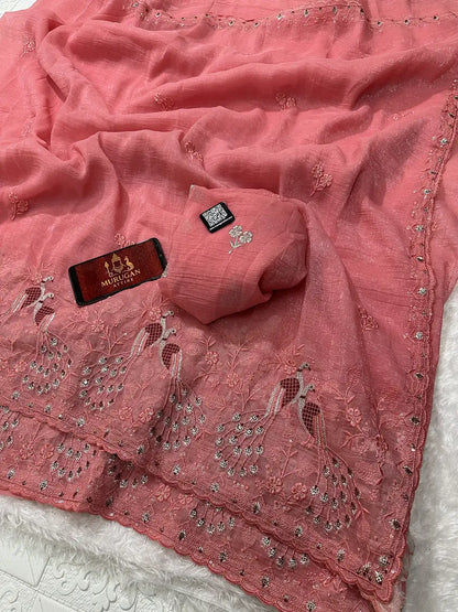 Peacock Inspired Heavy Soft Crunchy Silk Saree with Embroidered C-Pallu & Cut Work Border | VT-806