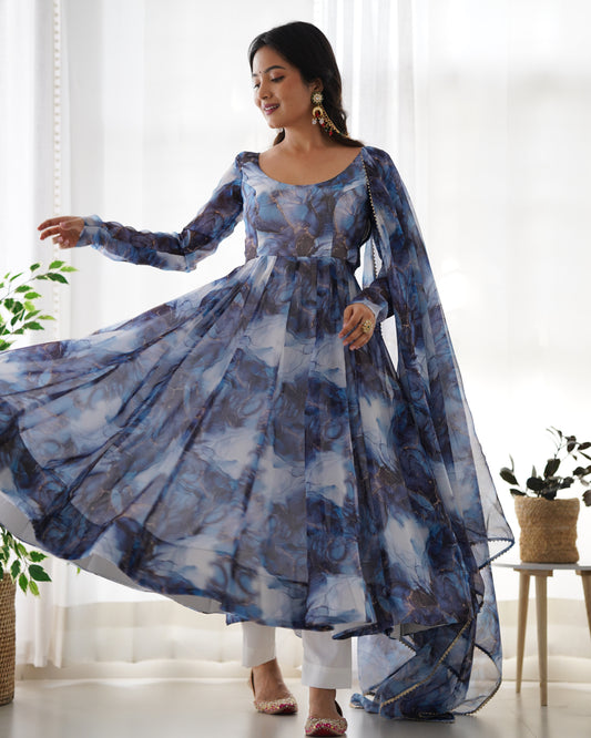 Organza Silk Marble Print Anarkali Dupatta Set