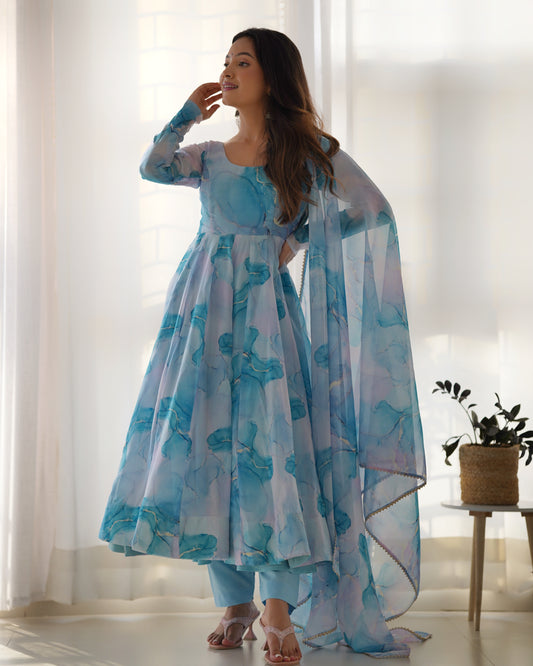 Organza Silk Marble Print Anarkali Dupatta Set