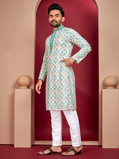 LUCKNOWI WORK WITH UNIQUE DIGITAL PRINT KURTA PAJAMA