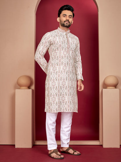 LUCKNOWI WORK WITH UNIQUE DIGITAL PRINT KURTA PAJAMA