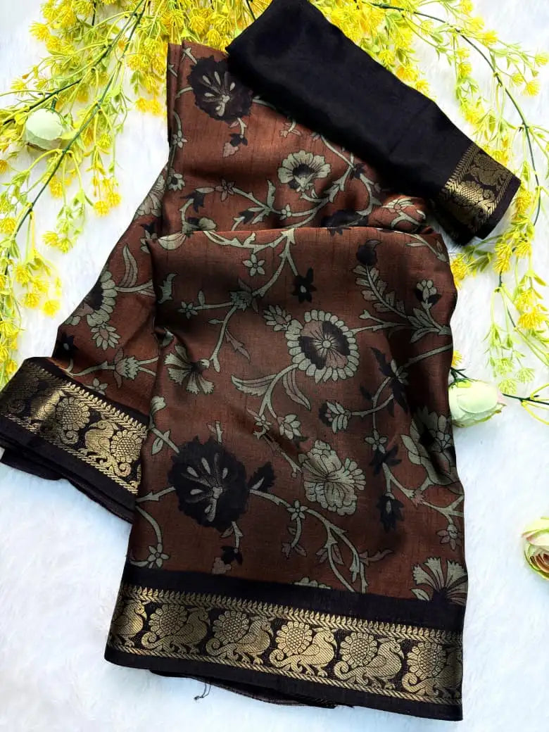 Soft Black Dola Silk Saree | Pen Kalamkari Design | Two-Tone Silk & Zari Hamsa Border (M1009)