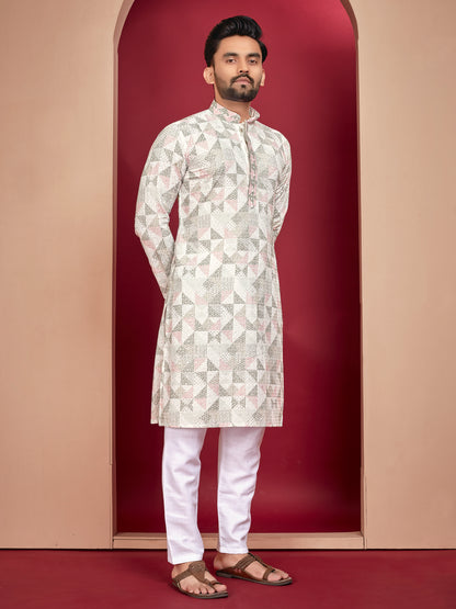 LUCKNOWI WORK WITH UNIQUE DIGITAL PRINT KURTA PAJAMA