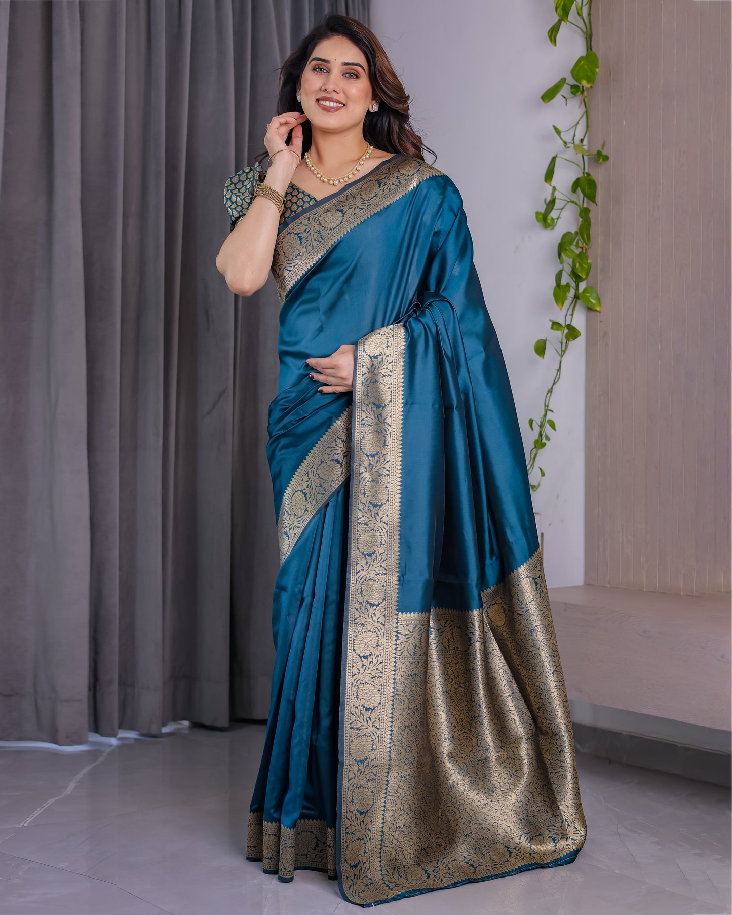 Lichu Silk Jacquard Weaving with Golden Zari Running Blouse