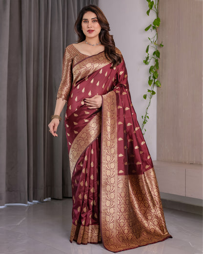 Lichu Silk Jacquard Weaving with Golden Zari Running Blouse