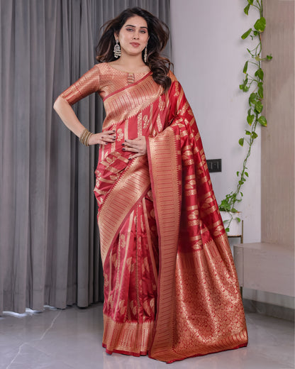 Lichu Silk Jacquard Weaving with Golden Zari Running Blouse