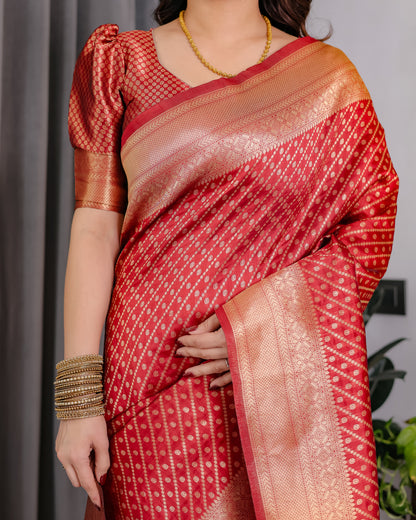 Lichu Silk Jacquard Weaving with Golden Zari Running Blouse