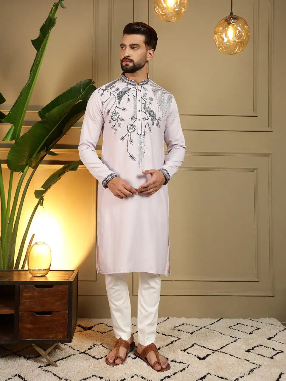 Men’s Viscose Silk Embroidery Sequence Kurta Pyjama Set – Festive & Wedding Wear Di. No. 123