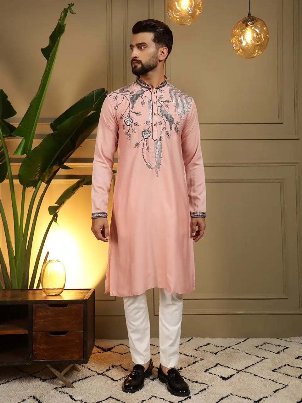Men’s Viscose Silk Embroidery Sequence Kurta Pyjama Set – Festive & Wedding Wear Di. No. 123