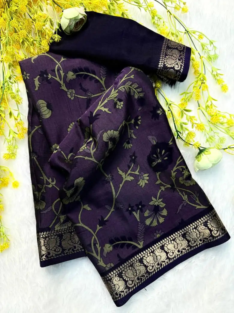 Soft Black Dola Silk Saree | Pen Kalamkari Design | Two-Tone Silk & Zari Hamsa Border (M1009)