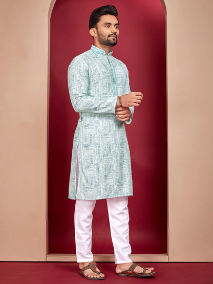 LUCKNOWI WORK WITH UNIQUE DIGITAL PRINT KURTA PAJAMA