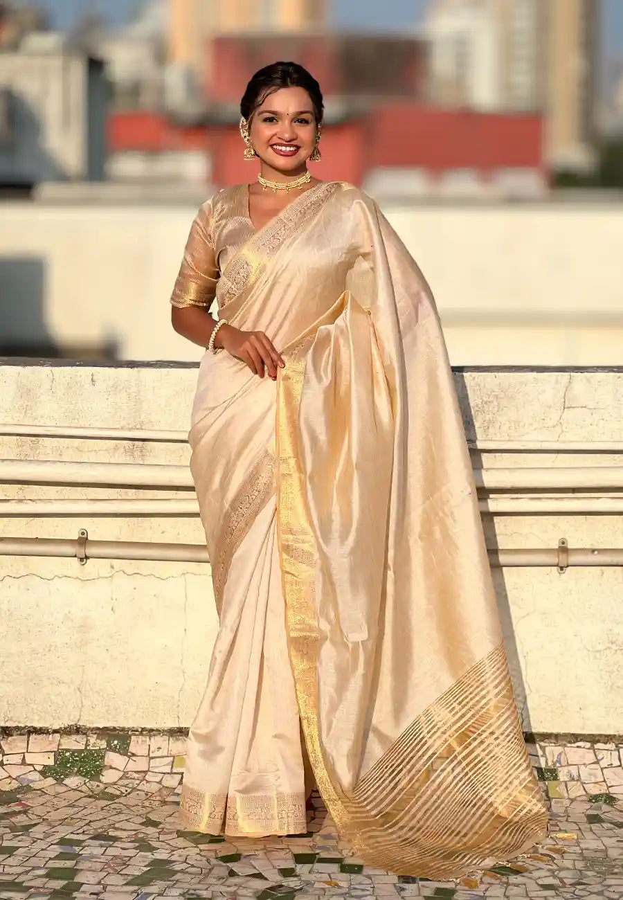 Cream Tussar Silk Saree with Zari Woven Border | Plain Elegant Look | Running Blouse
