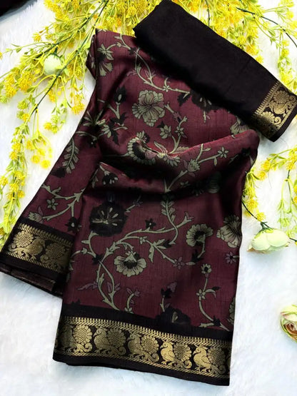 Soft Black Dola Silk Saree | Pen Kalamkari Design | Two-Tone Silk & Zari Hamsa Border (M1009)