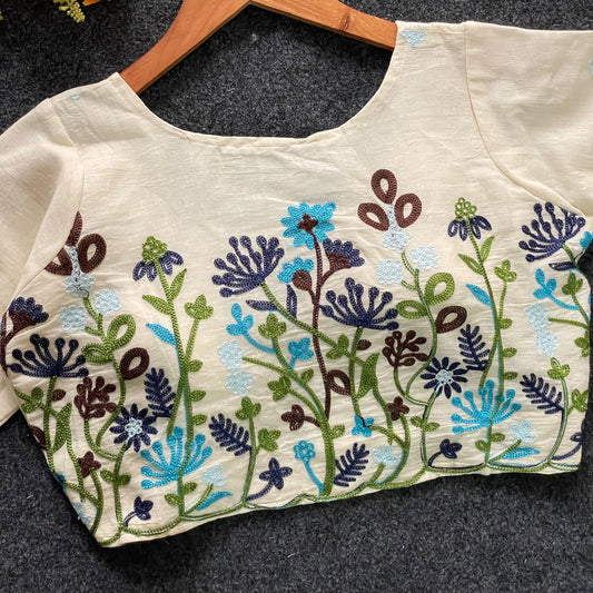 Pure Khadi Cotton Partywear Blouse Heavy Stitching Heavy Padded With Beautiful Works, Sleeves Front Open Style